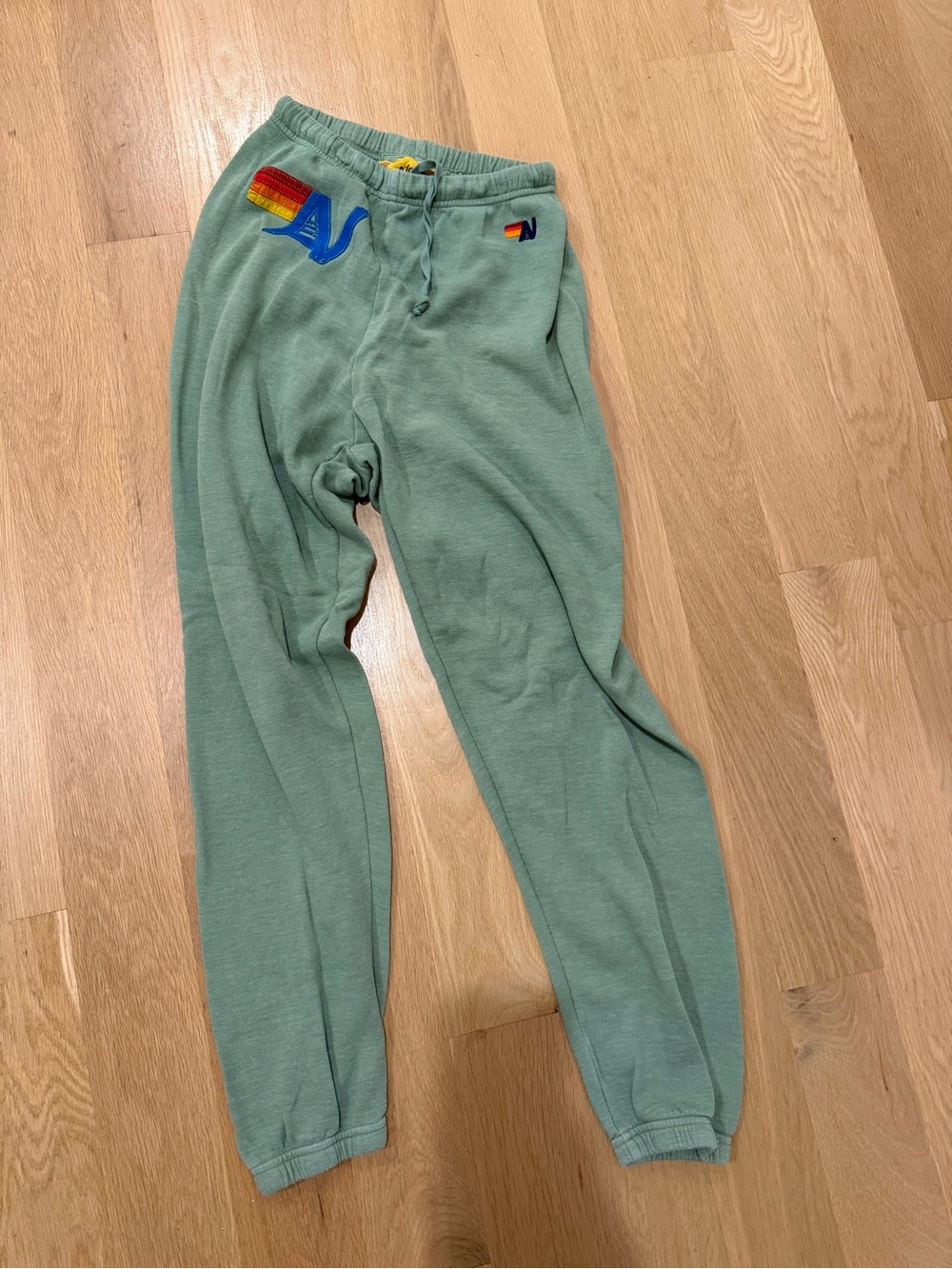 Aviator Nation Sage Green Jogger Sweatpants with Rainbow Embroidery